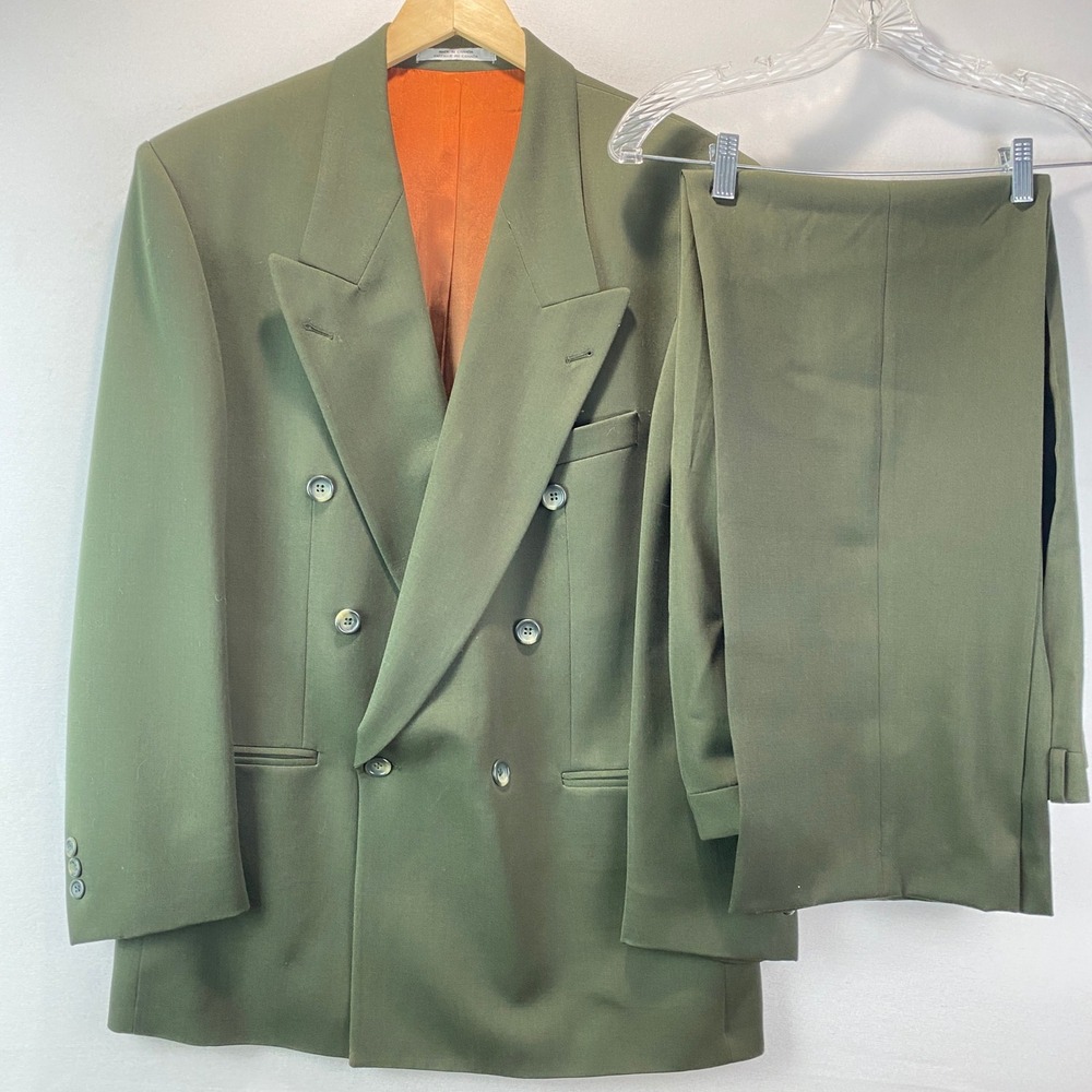 VTG Francesco Bertotto Italian Wool Double Breasted Suit Mens 40R Olive Green